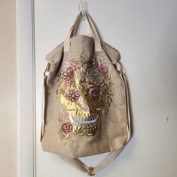 Sugar Skull Rose Flower Day of the Dead Handbag Shoulder In Tan - Picture 11 of 11